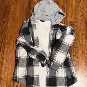 Gray and Black Plaid Hooded Shirt